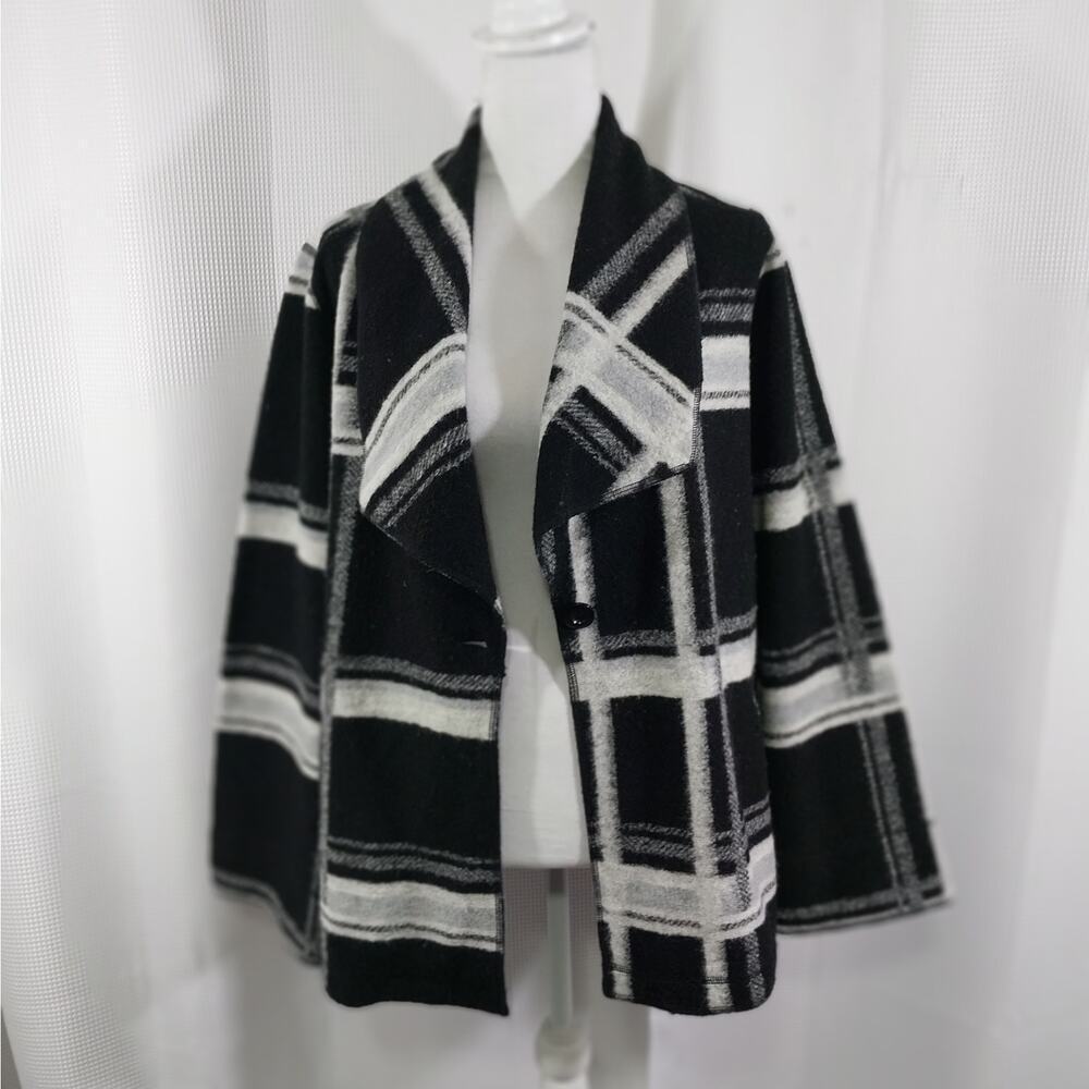 CHICO'S! BLACK & WHITE PLAID FINE WOOL BLEND DECONSTRUCTED JACKET! SZ L - Picture 4 of 12